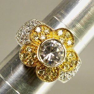 New Vintage Charles Winston Flower Yellow Cubic Zirconias Gold Silver Ring